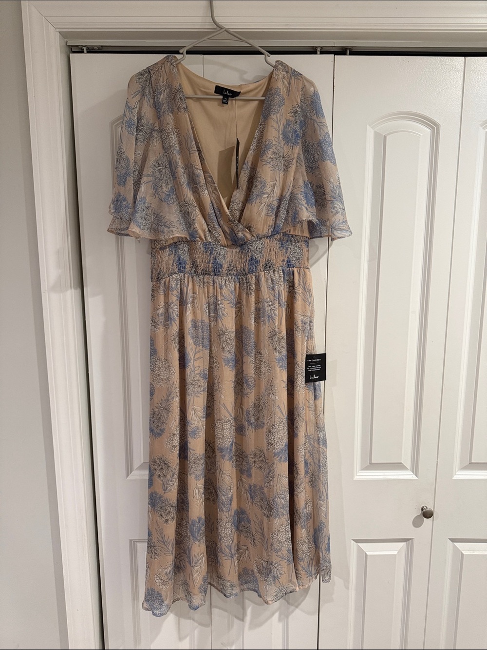Lulu's Beige Midi Dress with Light Blue Floral Print